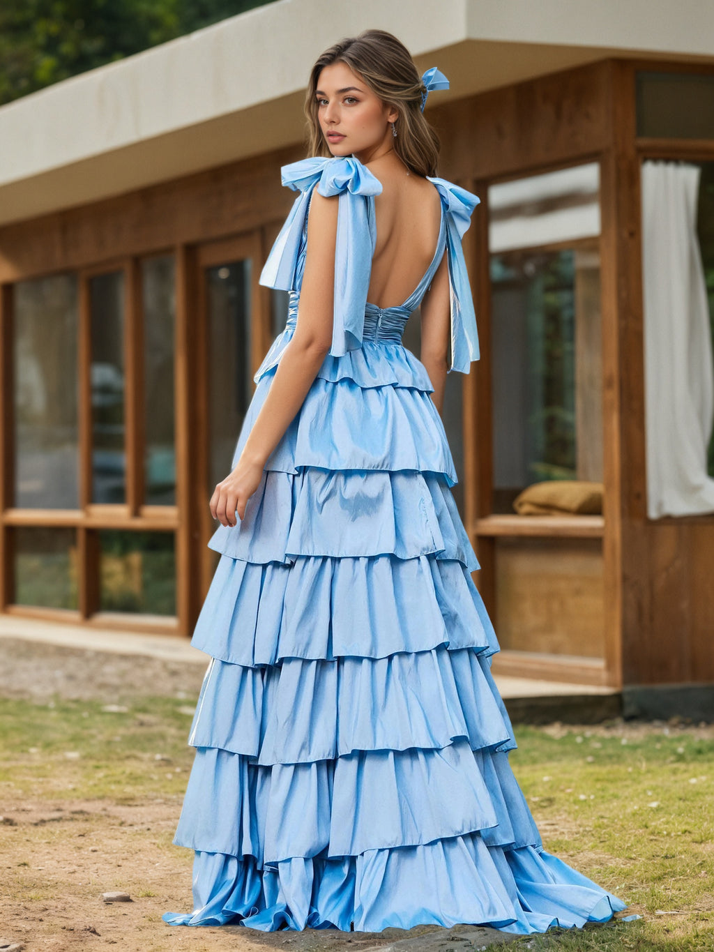 Sevoba | A-line Bow Shoulder Tiered Dress with Slit Sky Blue