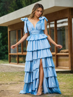Sevoba | A-line Bow Shoulder Tiered Dress with Slit Sky Blue