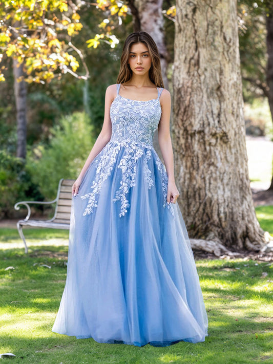 Sevoba|A-line Lace Applique Floor Length Tulle Prom Dress