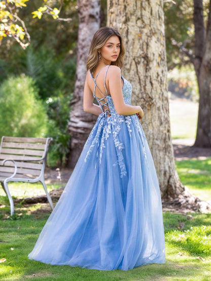 Sevoba|A-line Lace Applique Floor Length Tulle Prom Dress