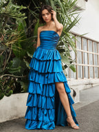 Sevoba | A-line Sleeveless Pleated Floor-length Prom Dress Ink Blue