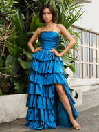Sevoba | A-line Sleeveless Pleated Floor-length Prom Dress Ink Blue