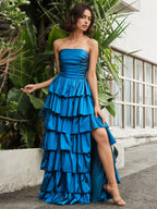Sevoba | A-line Sleeveless Pleated Floor-length Prom Dress Ink Blue