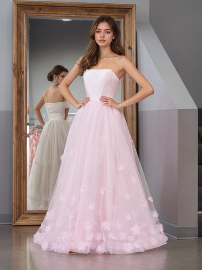 Sevoba|A-line Spaghetti Straps Pink Tulle Prom Dress