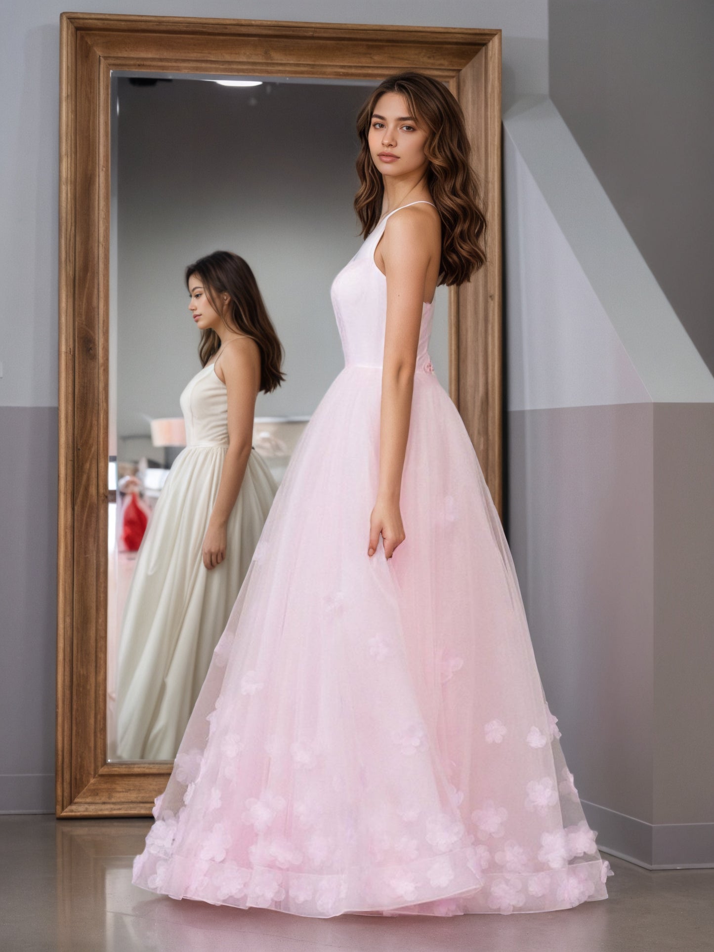 Sevoba|A-line Spaghetti Straps Pink Tulle Prom Dress