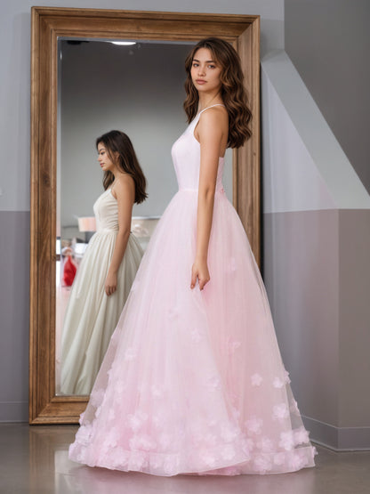 Sevoba|A-line Spaghetti Straps Pink Tulle Prom Dress
