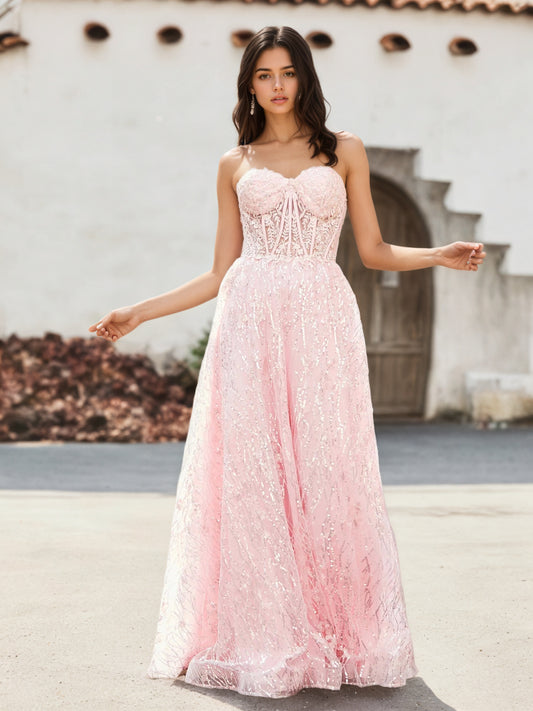 Sevoba | A-line Sweetheart Floor-length Sequins Prom Dress Blushing Pink