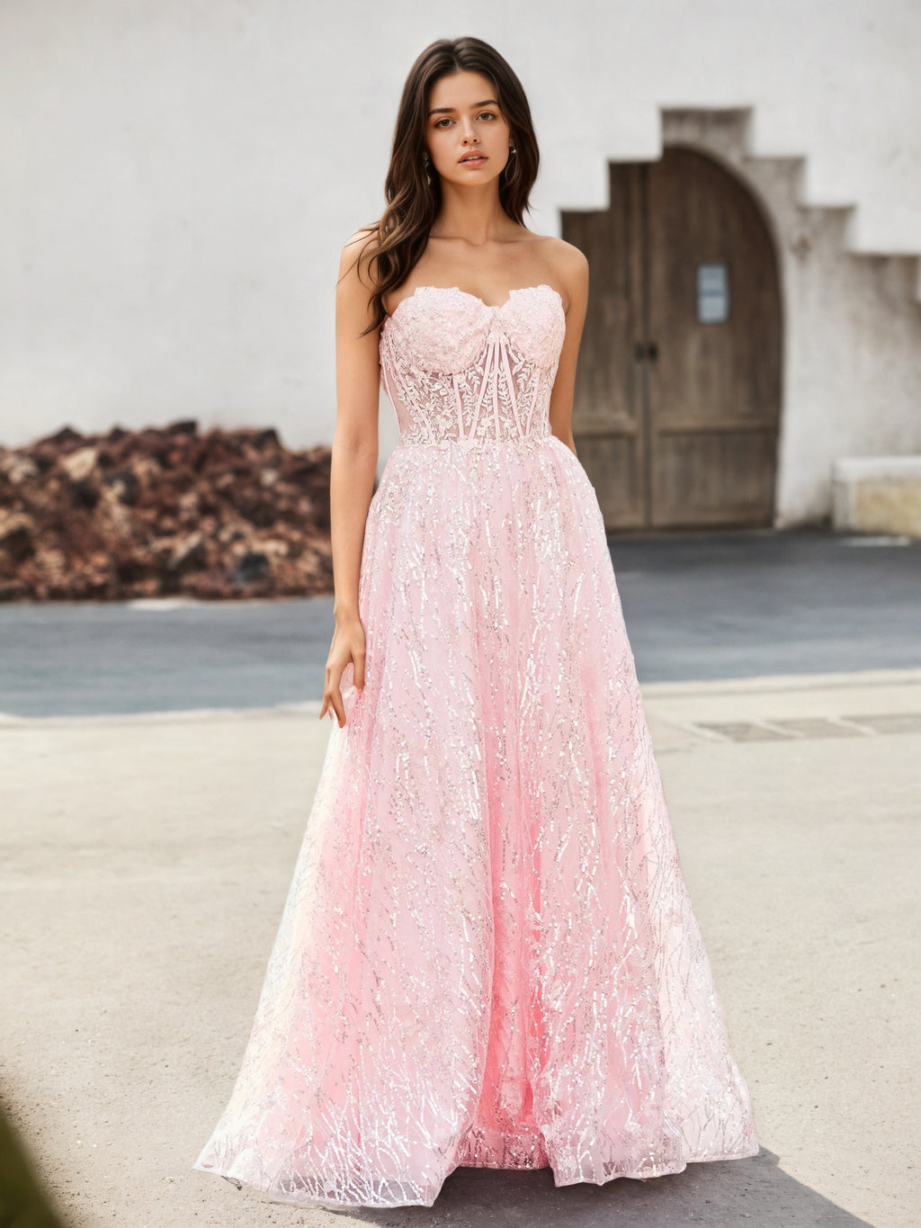 Sevoba | A-line Sweetheart Floor-length Sequins Prom Dress Blushing Pink