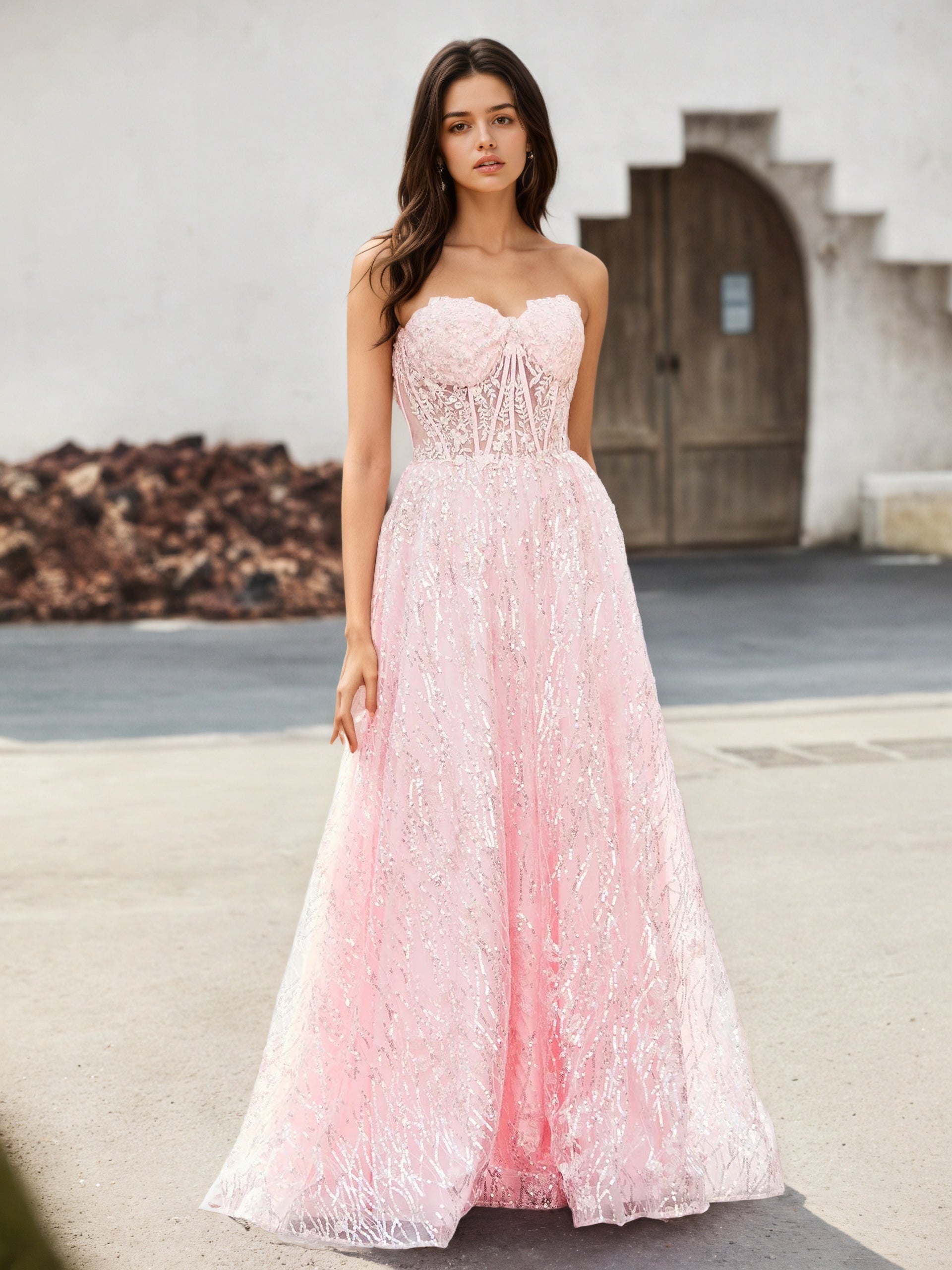 Sevoba | A-line Sweetheart Floor-length Sequins Prom Dress Blushing Pink