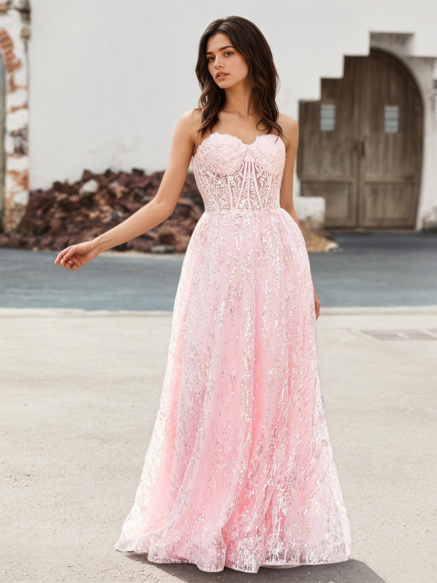 Sevoba | A-line Sweetheart Floor-length Sequins Prom Dress Blushing Pink