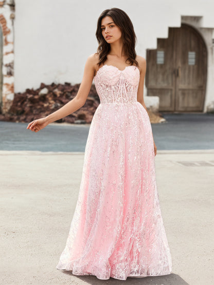 Sevoba | A-line Sweetheart Floor-length Sequins Prom Dress Blushing Pink