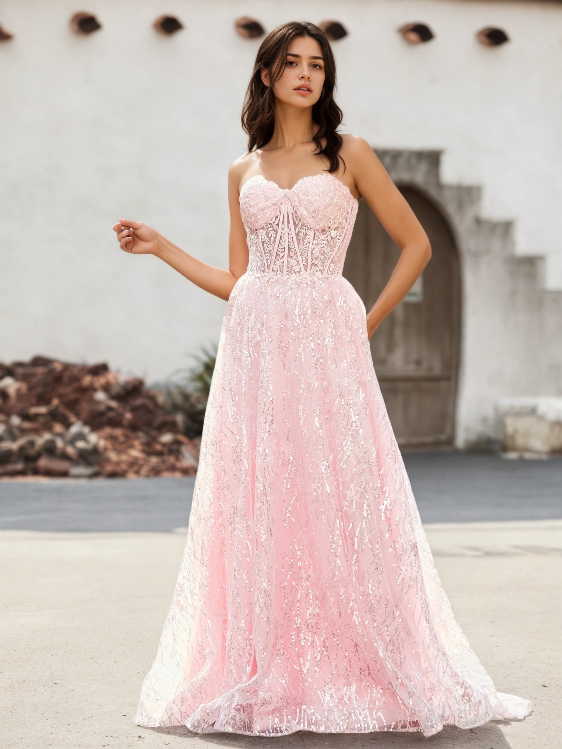 Sevoba | A-line Sweetheart Floor-length Sequins Prom Dress Blushing Pink