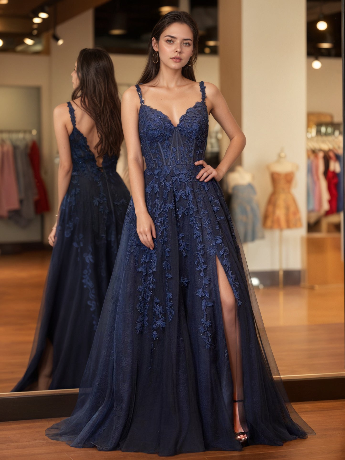 Sevoba|A-line Sweetheart Lace Tulle Prom Dress with Slit