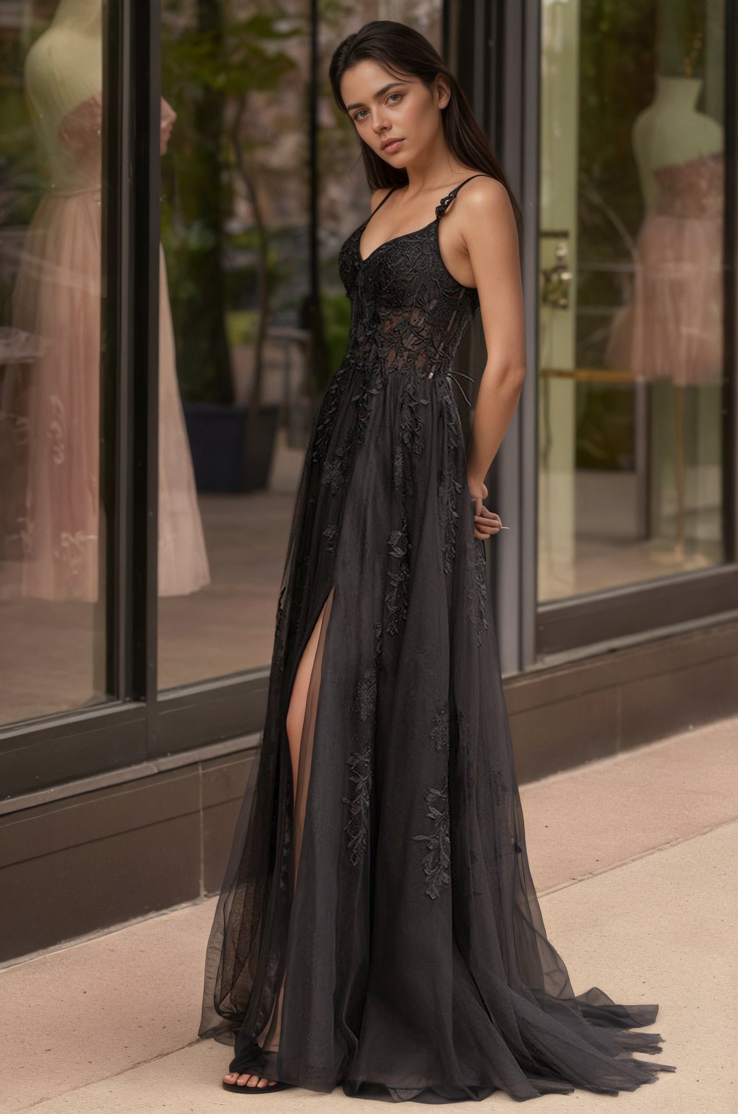 Sevoba|A-line Sweetheart Lace Tulle Prom Dress with Slit