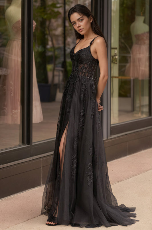 Sevoba|A-line Sweetheart Lace Tulle Prom Dress with Slit