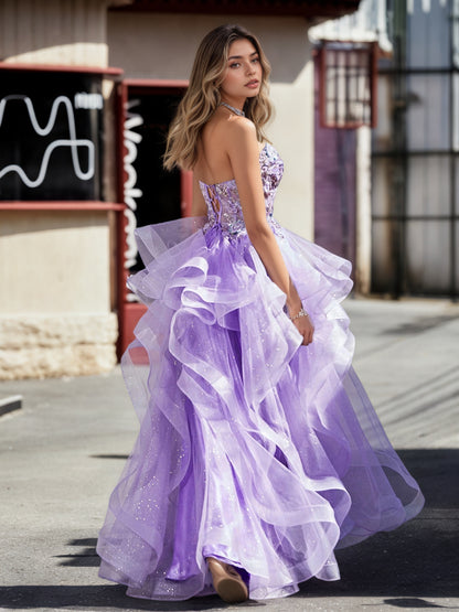 Sevoba | A Line Beaded Top Tulle Ball Gown Lilac