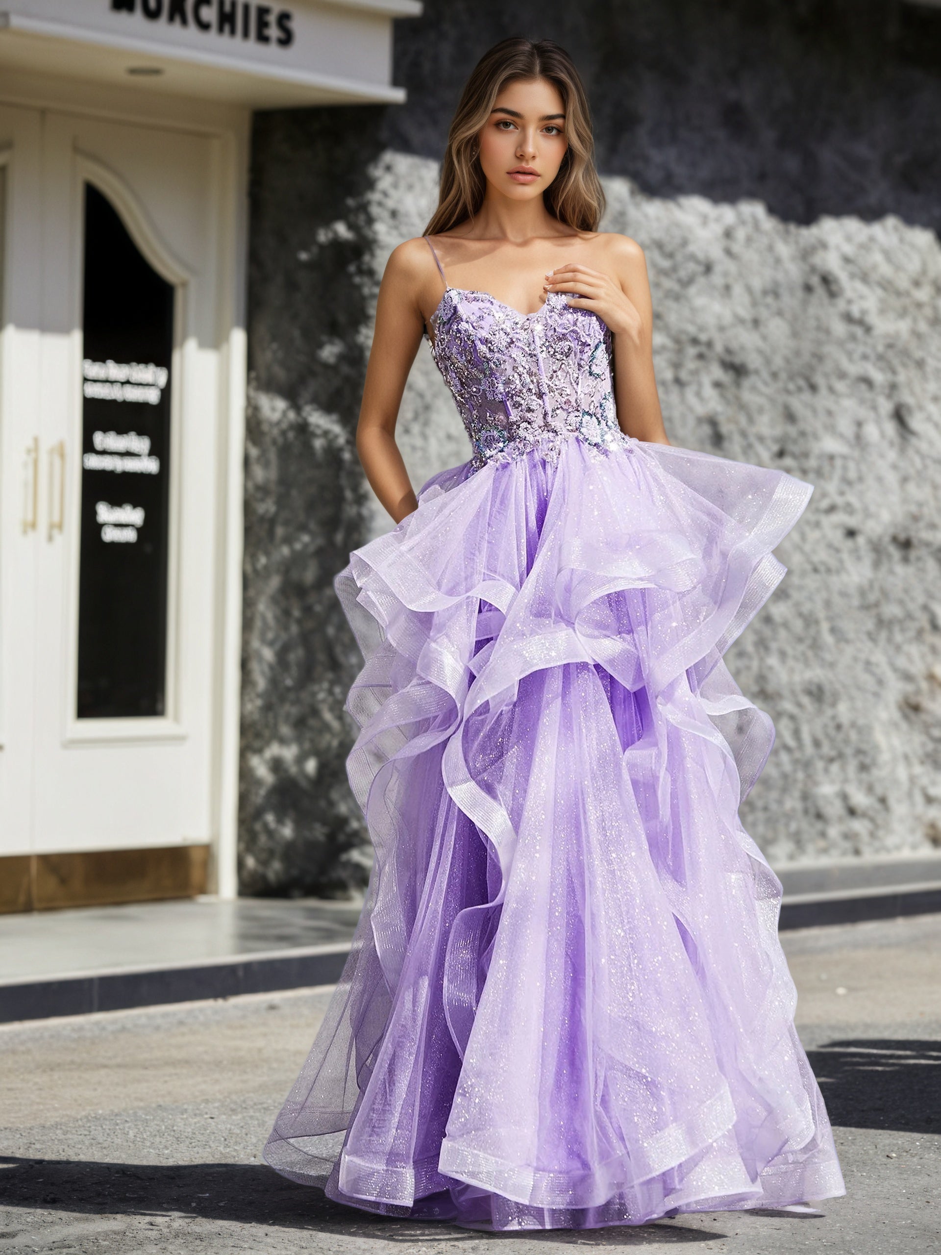 Sevoba | A Line Beaded Top Tulle Ball Gown Lilac