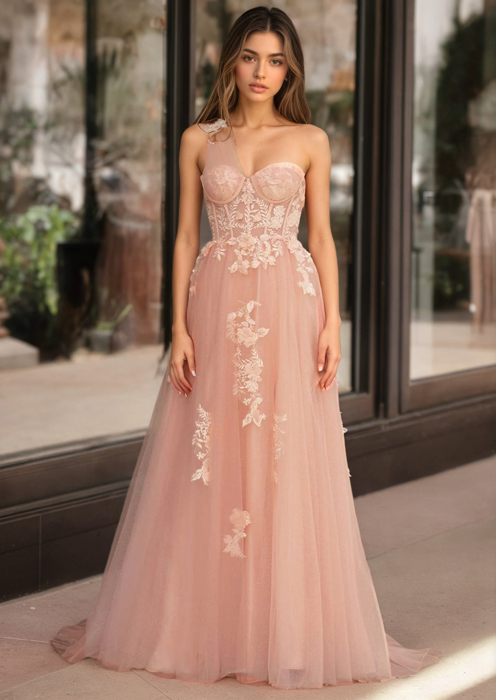 Sevoba | A Line One Shoulder Black Long Prom Dress with Appliques