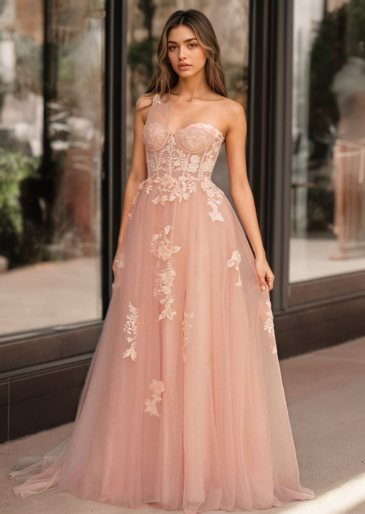 Sevoba | A Line One Shoulder Black Long Prom Dress with Appliques