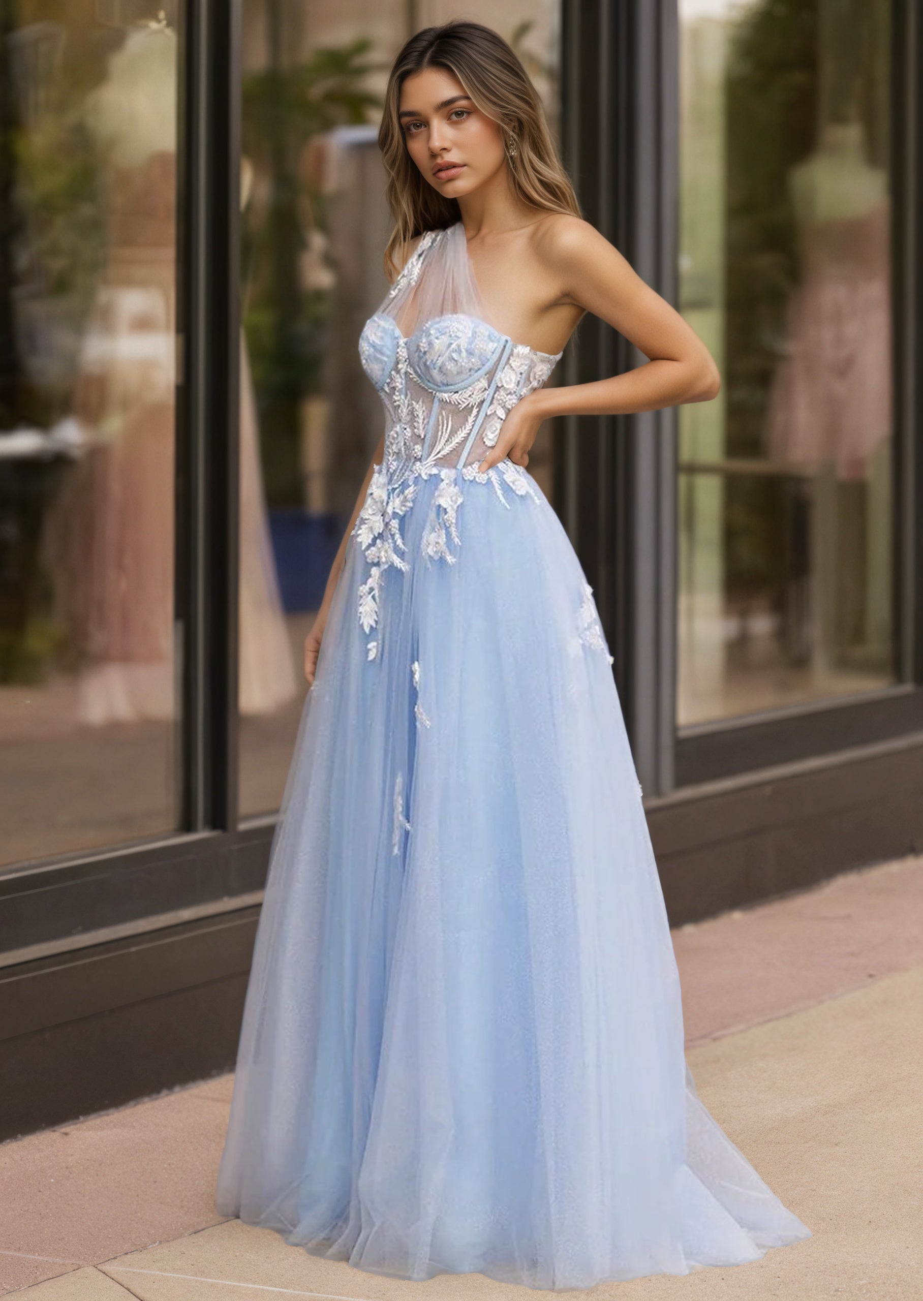 Sevoba | A Line One Shoulder Black Long Prom Dress with Appliques