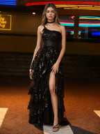 Sevoba | A Line One Shoulder Sequined Tiered Dress Black