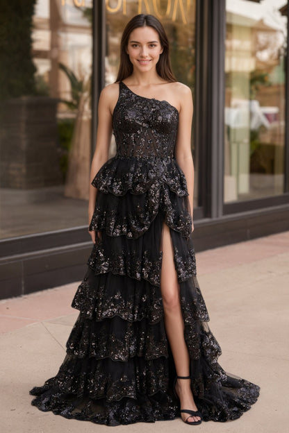 Sevoba|A Line One Shoulder Tiered Lace Long Prom Dress