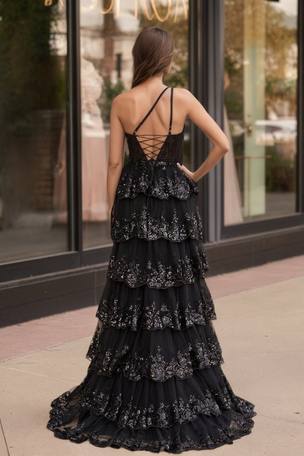 Sevoba|A Line One Shoulder Tiered Lace Long Prom Dress