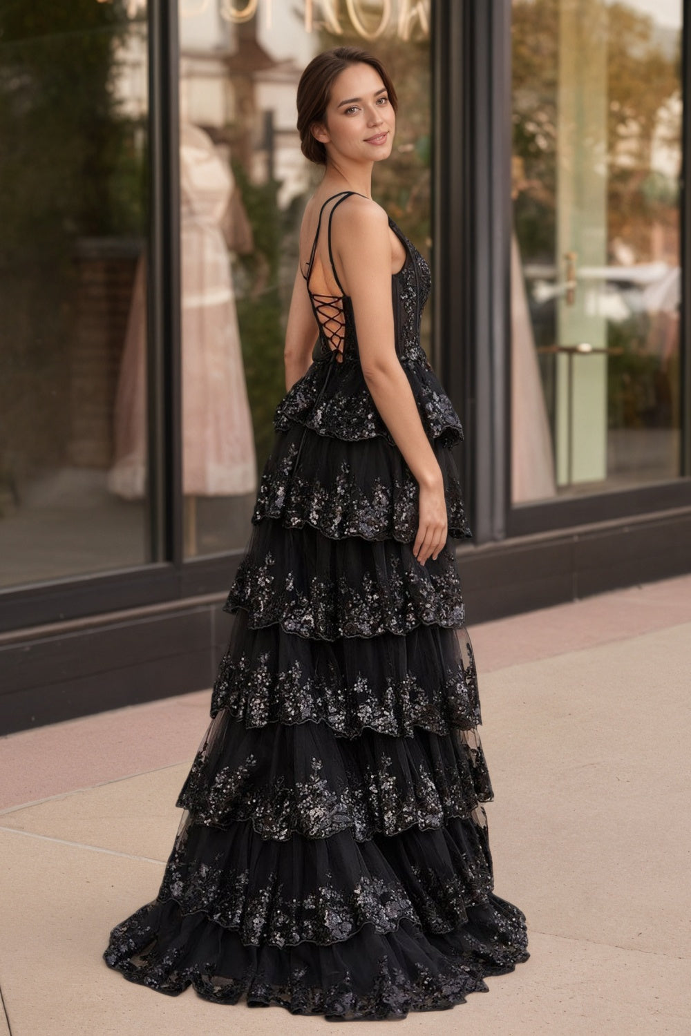 Sevoba|A Line One Shoulder Tiered Lace Long Prom Dress