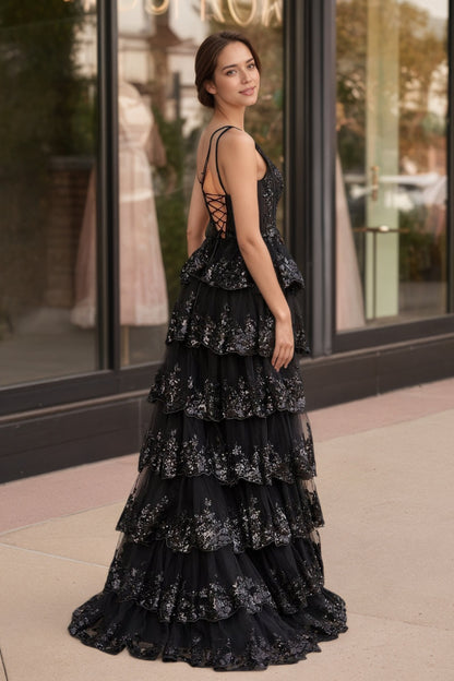 Sevoba|A Line One Shoulder Tiered Lace Long Prom Dress