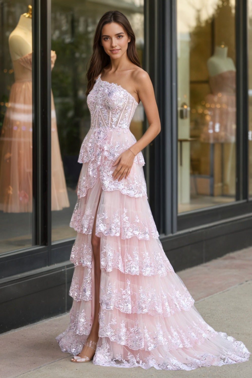 Sevoba|A Line One Shoulder Tiered Lace Long Prom Dress