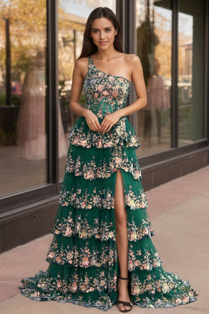 Sevoba|A Line One Shoulder Tiered Lace Long Prom Dress
