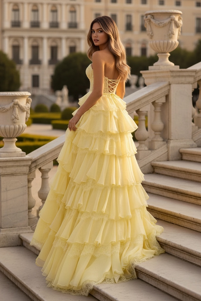 Sevoba|A Line Strapless Ruffled Tiered Yellow Prom Dresses With Appliques