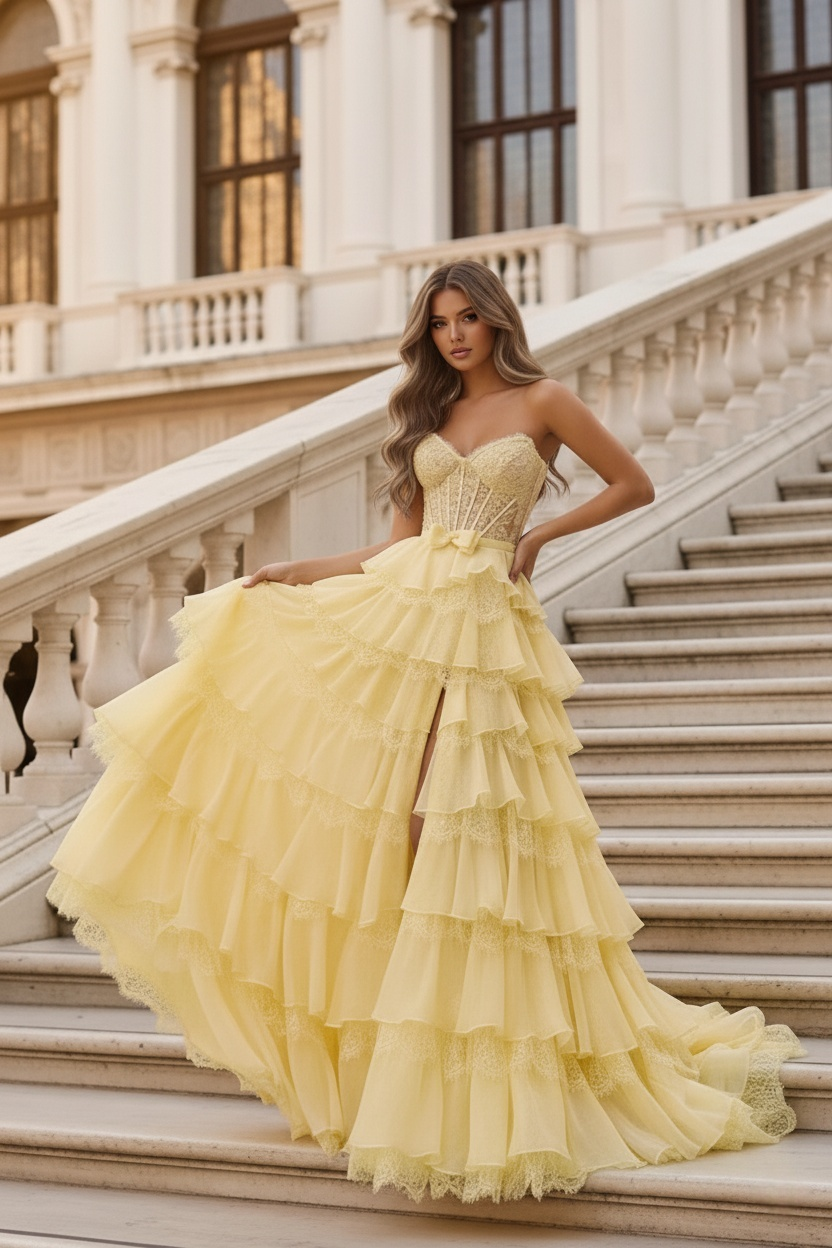 Sevoba|A Line Strapless Ruffled Tiered Yellow Prom Dresses With Appliques