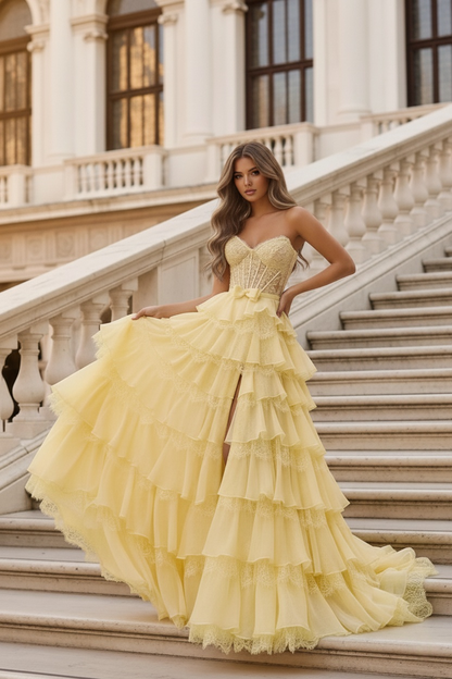Sevoba|A Line Strapless Ruffled Tiered Yellow Prom Dresses With Appliques