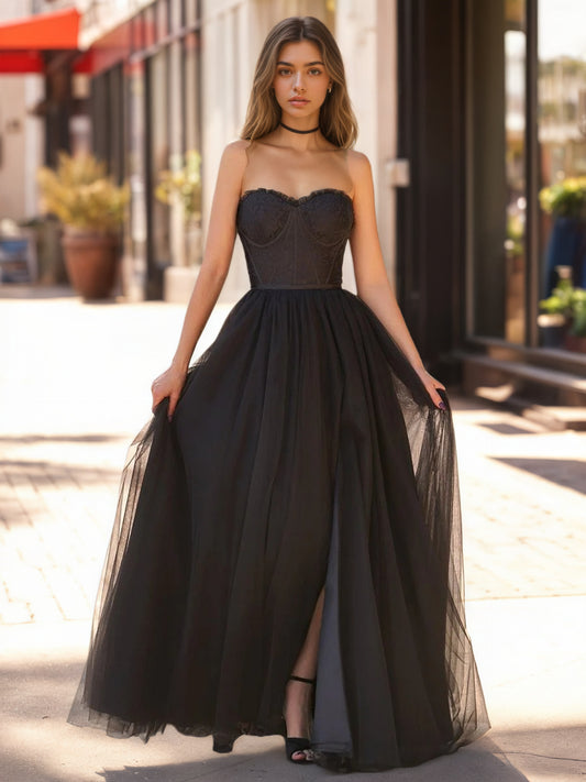 Sevoba|A Line Sweetheart Corset Tulle Prom Dress with Slit