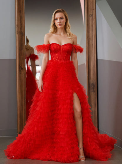 Sevoba|A Line Sweetheart Tiered Tulle Long Prom Dress With Slit