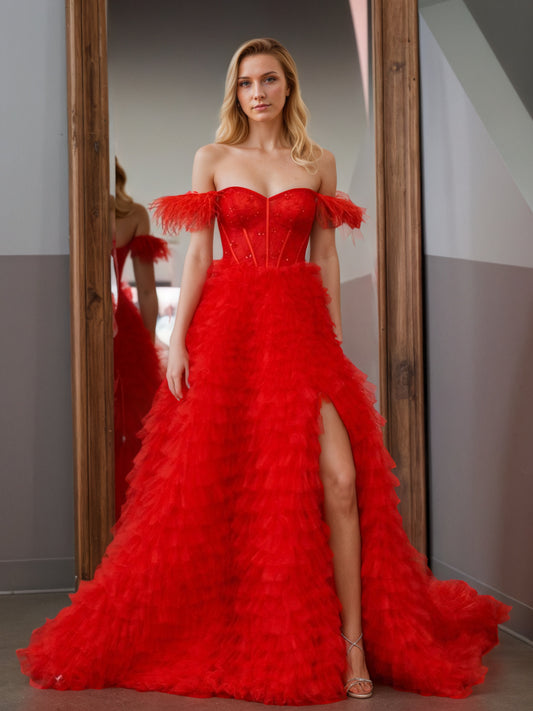 Sevoba|A Line Sweetheart Tiered Tulle Long Prom Dress With Slit