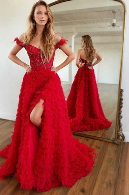 Sevoba|A Line Sweetheart Tiered Tulle Long Prom Dress With Slit