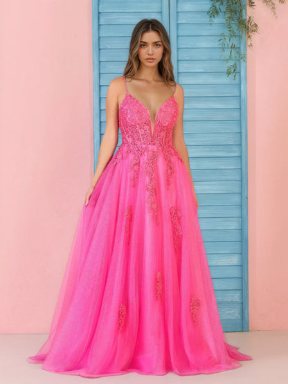 Sevoba|A Line V Neck Pink Lace Long Prom Dress