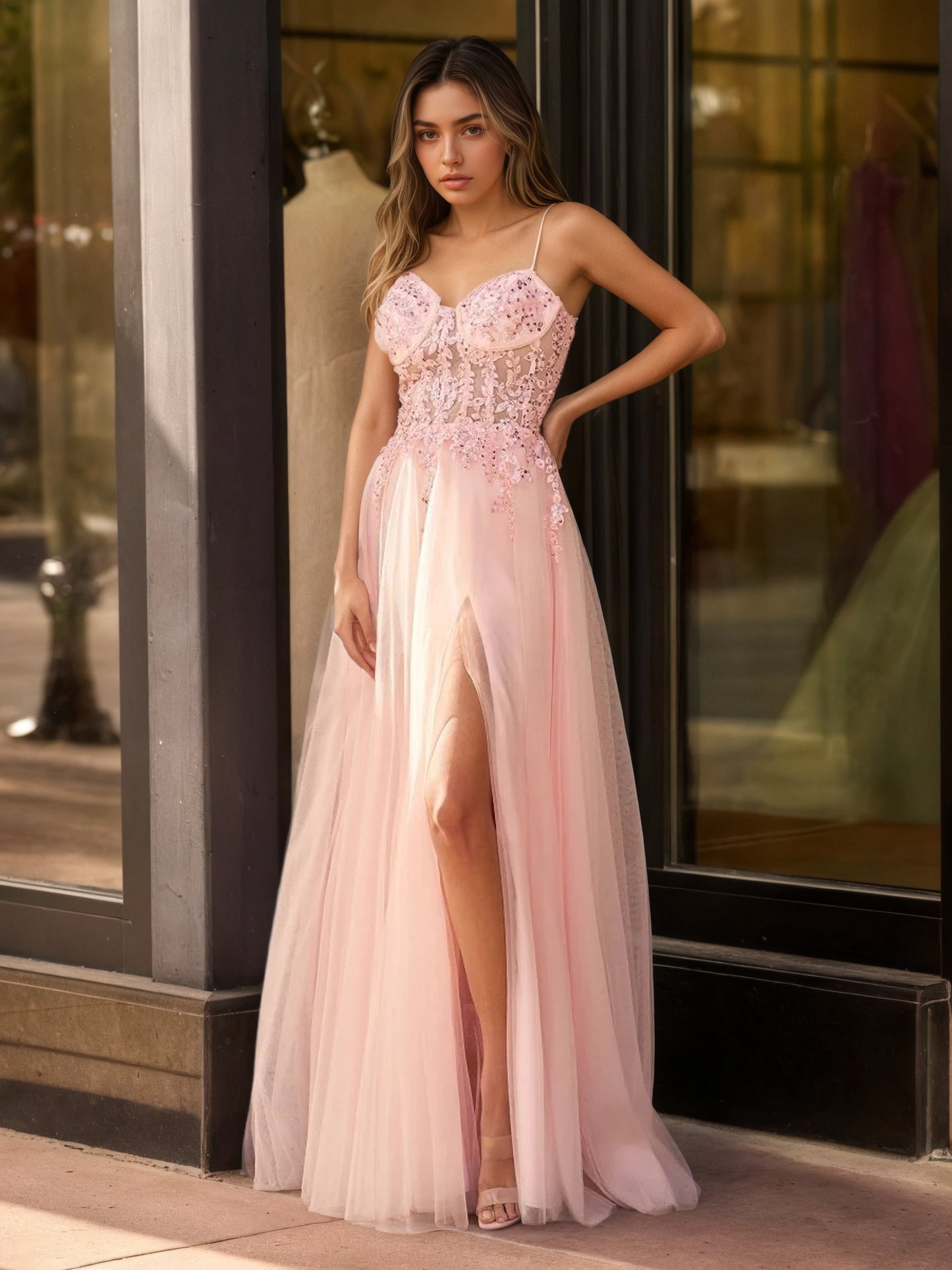 Sevoba | A line Spaghetti Straps Lace Floor Length Tulle Prom Dress with Slit