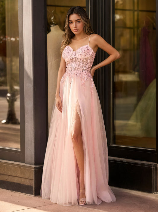 Sevoba | A line Spaghetti Straps Lace Floor Length Tulle Prom Dress with Slit