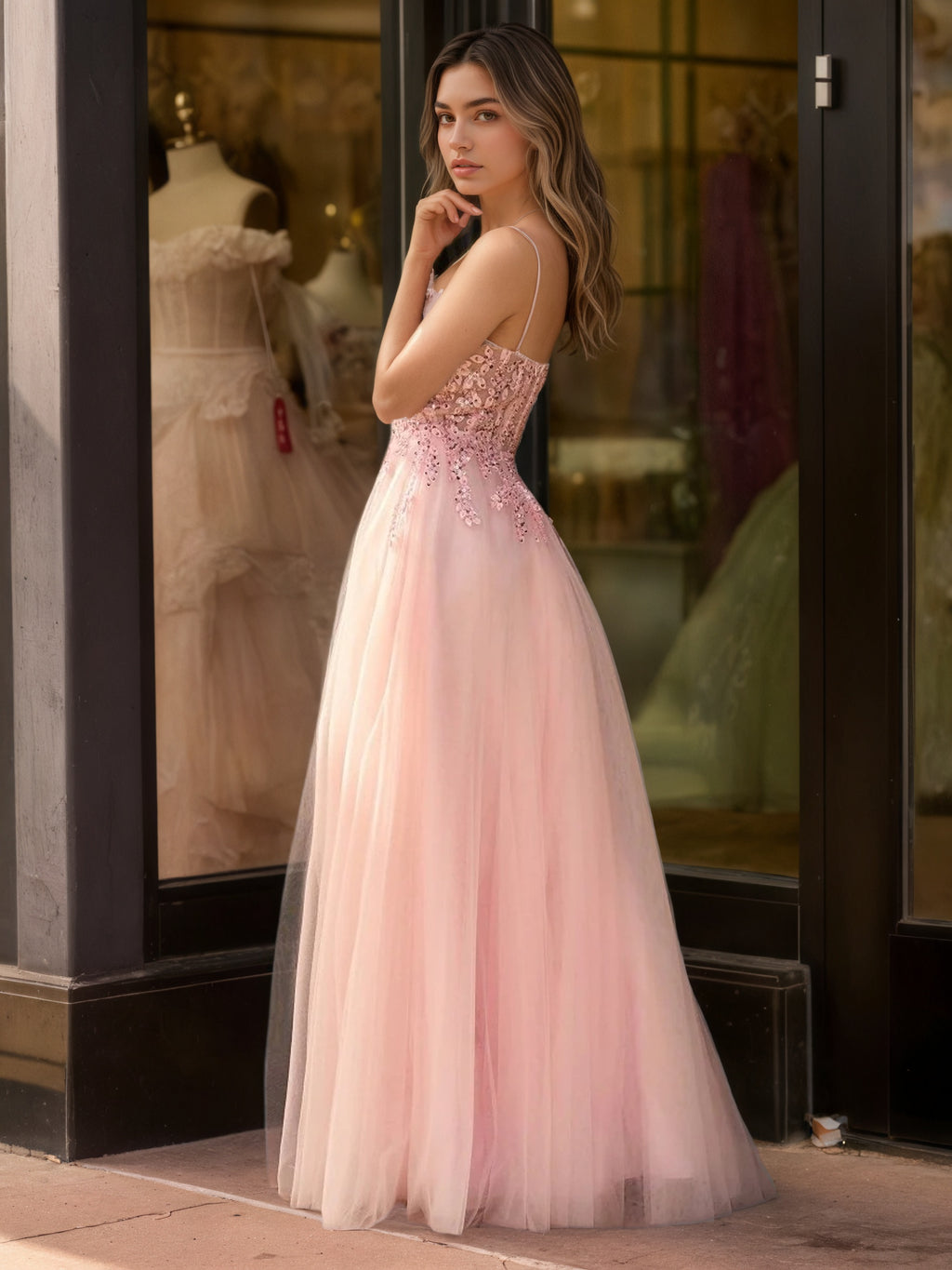 Sevoba | A line Spaghetti Straps Lace Floor Length Tulle Prom Dress with Slit