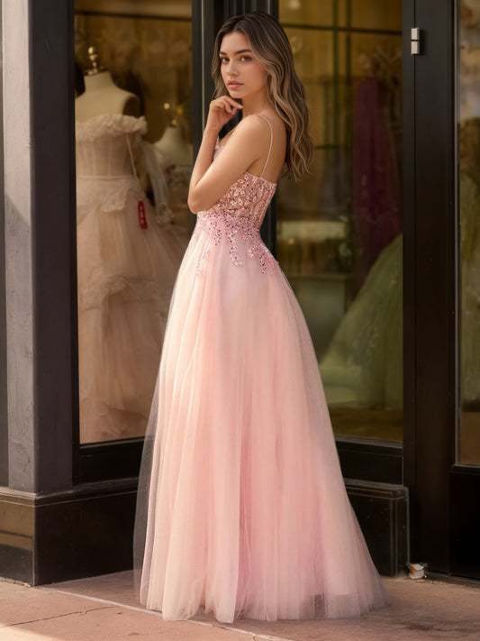 Sevoba | A line Spaghetti Straps Lace Floor Length Tulle Prom Dress with Slit