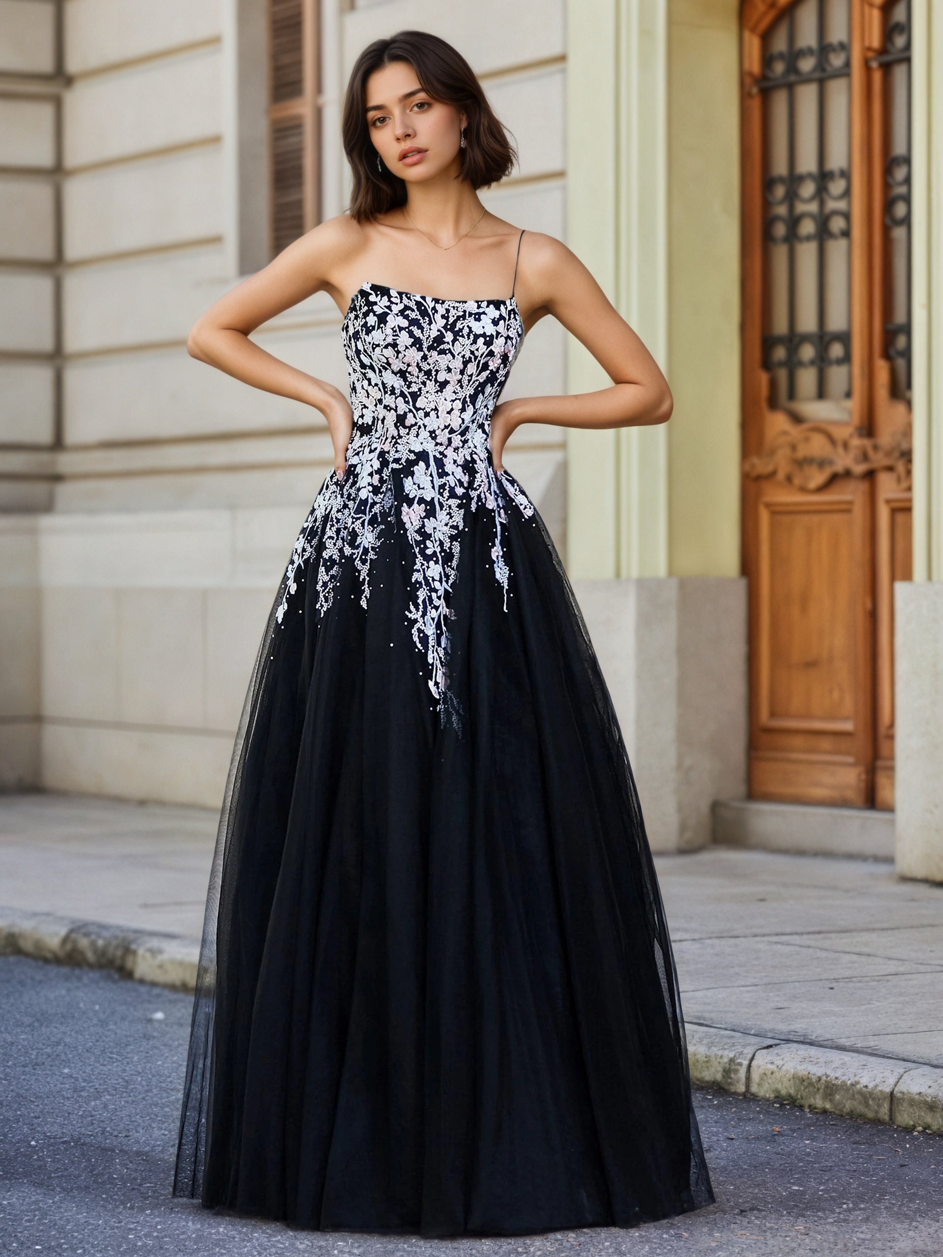 Sevoba | Applique Top Open Back Tulle Lace Dress Black