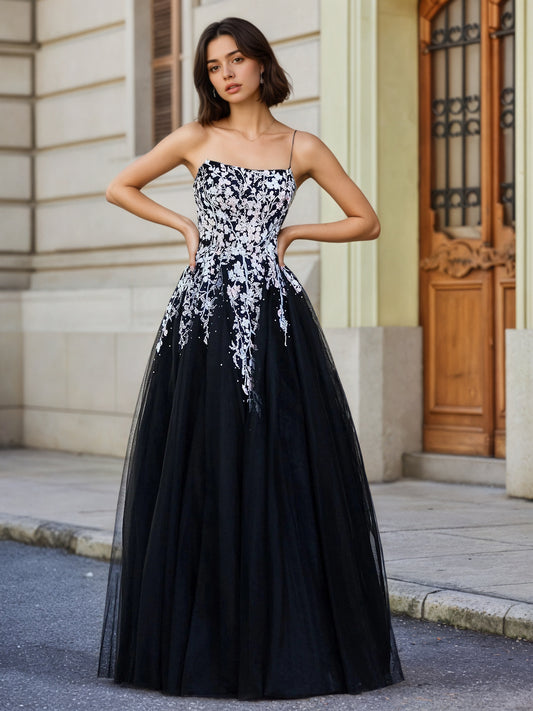 Sevoba | Applique Top Open Back Tulle Lace Dress Black