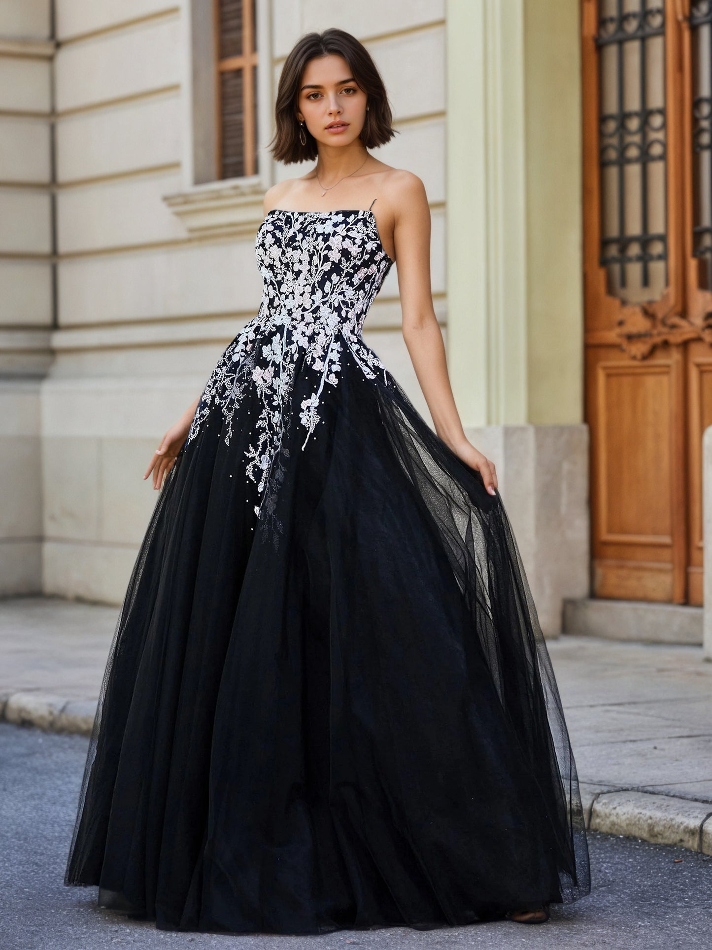 Sevoba | Applique Top Open Back Tulle Lace Dress Black