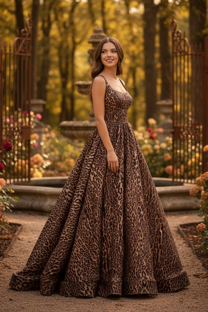 Sevoba|Ball Gown Straps Scoop Neck Animal Printed Prom Dresses With Slit