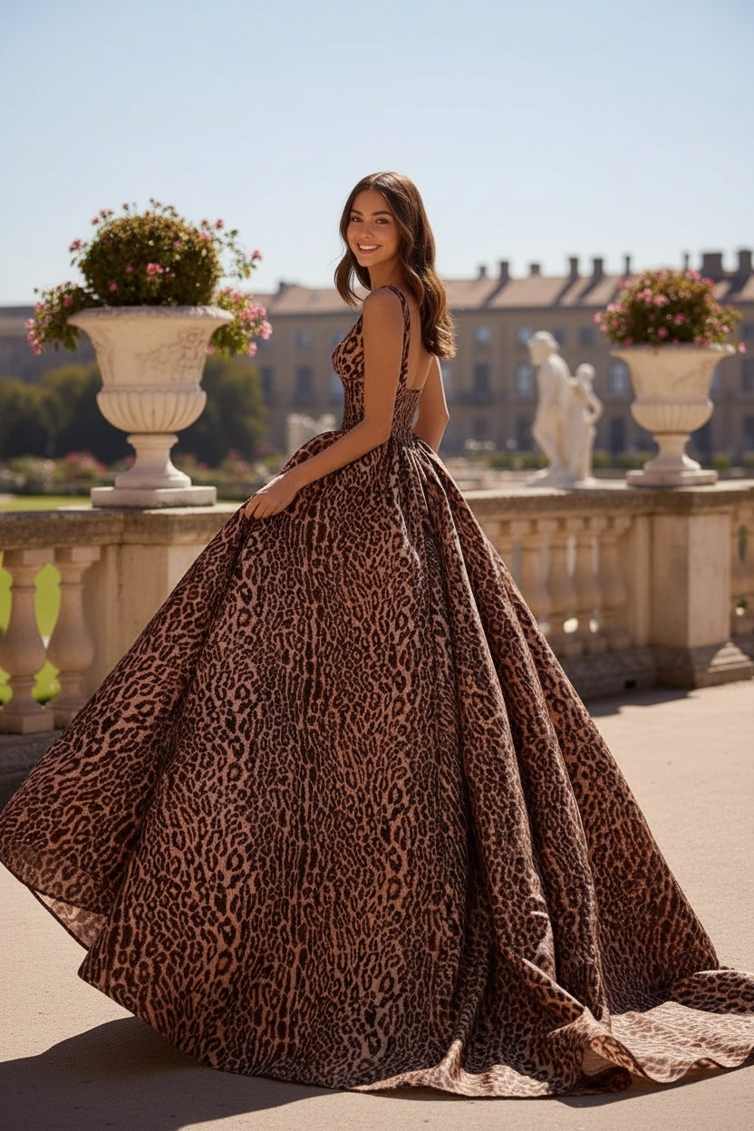 Sevoba|Ball Gown Straps Scoop Neck Animal Printed Prom Dresses With Slit