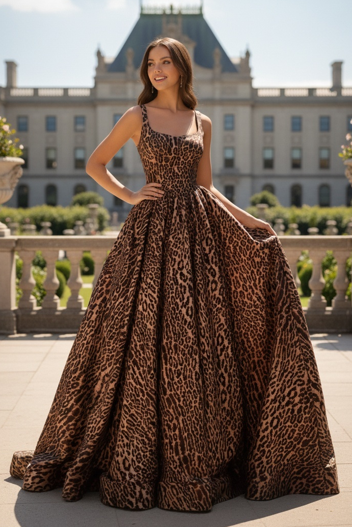 Sevoba|Ball Gown Straps Scoop Neck Animal Printed Prom Dresses With Slit