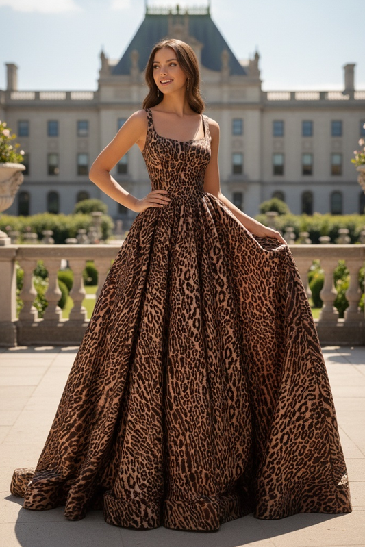 Sevoba|Ball Gown Straps Scoop Neck Animal Printed Prom Dresses With Slit